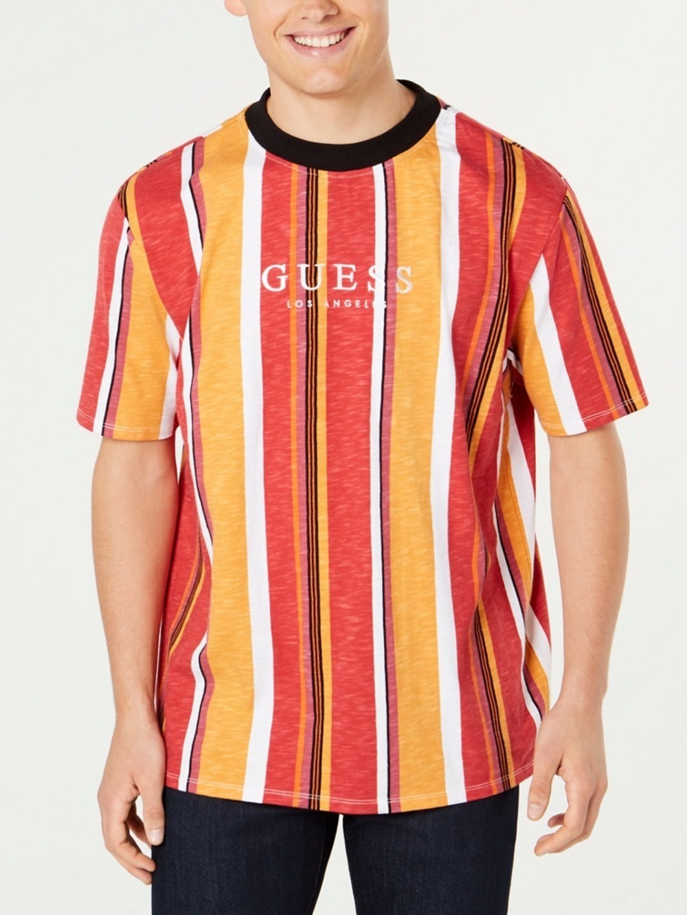 New GUESS ORIGINALS Men’s Red, Yellow & White Striped Logo Tee with Black Trim - Picture 2 of 8
